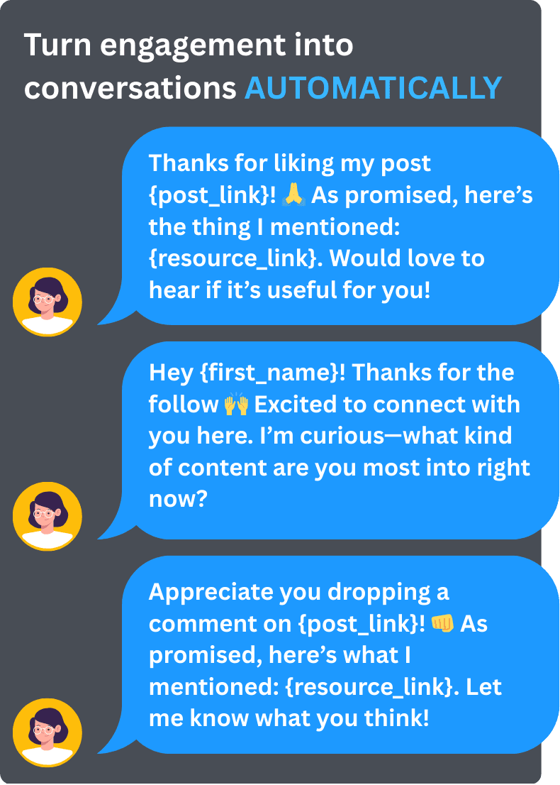 Smart DM hero card with speech bubbles saying ‘Hi there!’ and ‘Thanks for the follow!’