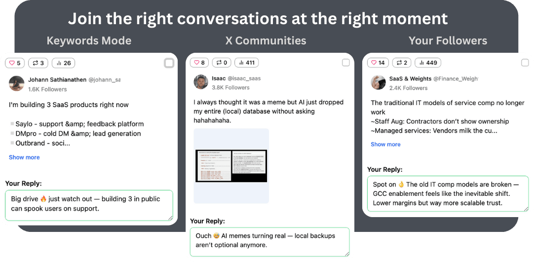 XJumper Smart Reply console UI screenshot showing discovery modes and reply queue